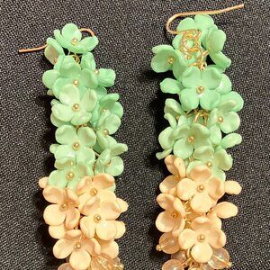 Natasha Dangling Earrings Green, Peach & Brown Flowered Beads